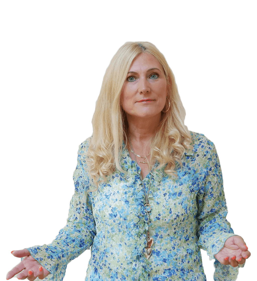 Sonya Hudson – Hypnotherapist Newcastle Sonya Hudson, hypnotherapist in Newcastle upon Tyne, smiling with open hands